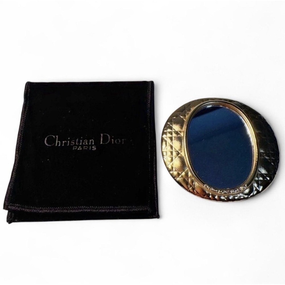 Christian Dior Compact Hand Mirror Matte Gold Vintage W/ Velvet Pouch Authentic